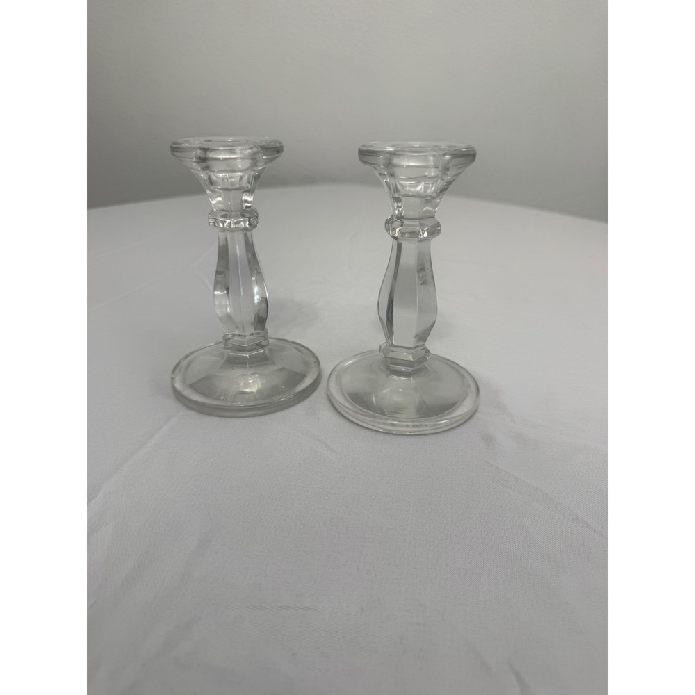 Vintage Clear Pressed Glass Candlestick Holders Set of 2 Taper Candle Stands 6in